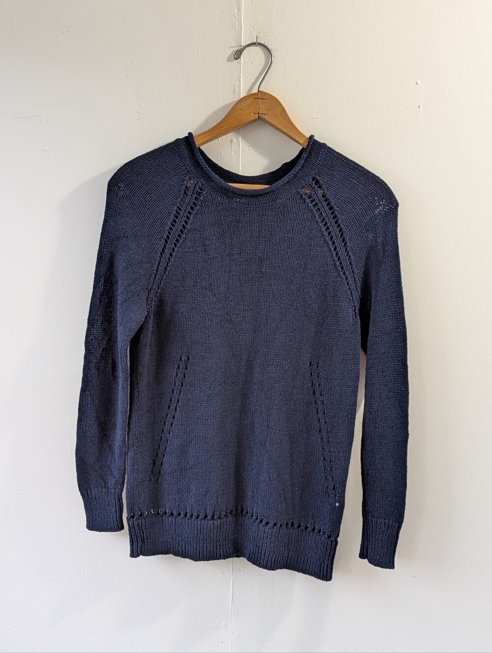 J. Crew Navy Loose Knit Cotton Rollneck Sweater Raglan Stitch Detail Size XS